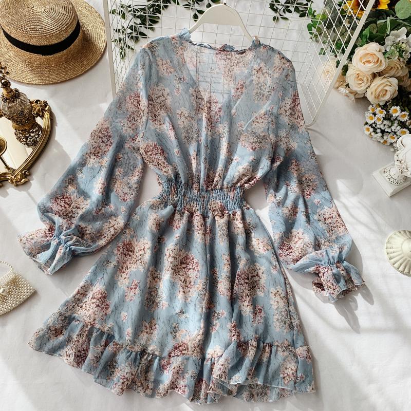 Sixsr Mothers Day Gifts new fashion women's French dress female temperament V-neck long-sleeved chiffon floral dresses