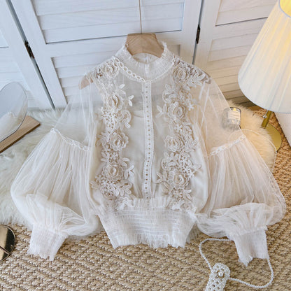 Sixsr spring Women Mesh Tops Fashion Sexy Sheer Lace Blouse Lantern Sleeve 3D Floral Blouses Shirts Elegant Top Blusas Femininas