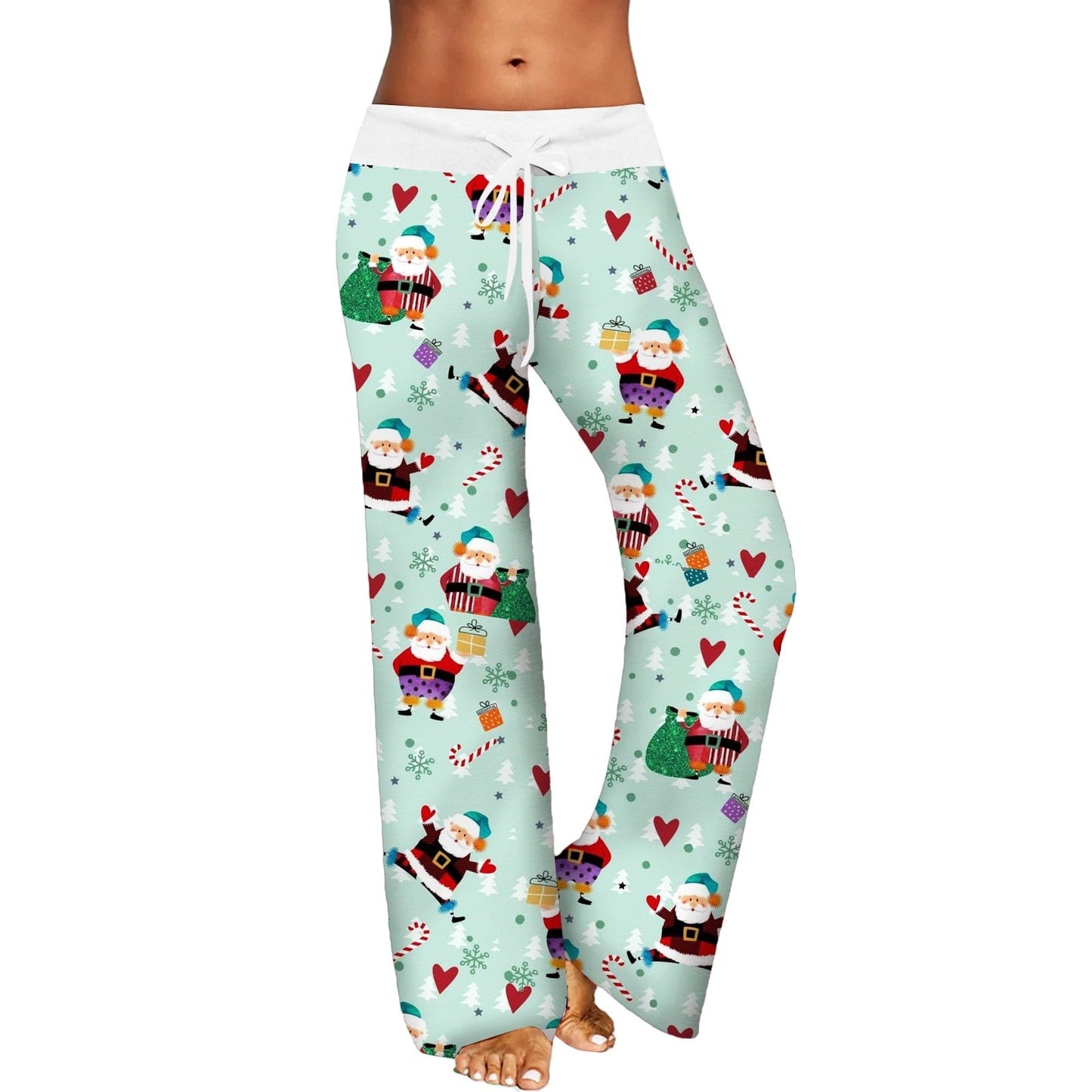 Womens Christmas Pants Cartoon Santa Claus Print Pants Wide Leg Pants Pull Rope Elastic Drawstrings Sweatpants Straight Trousers