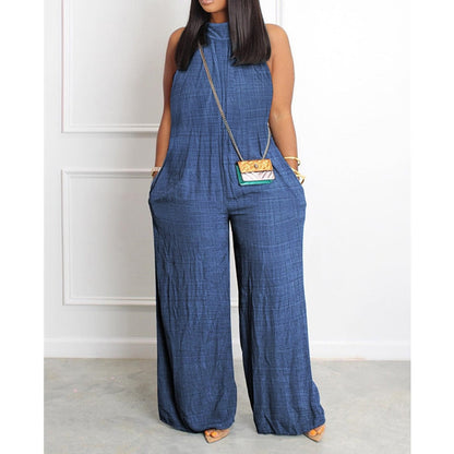 Women Elegant Fashion Denim Look Print Pocket Wide Leg Pants Jumpsuit Women Casual Loose Romper Overalls Onepieces Streetwear