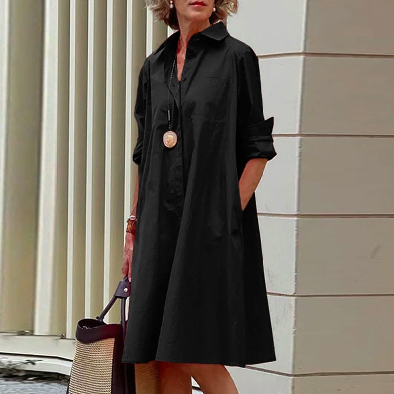 Women Casual Long Sleeves Shirt Collar Solid Short Dress