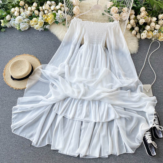 Sixsr New Spring Autumn Dresses for Women  Women Elegant Holiday Dresses Puff Sleeve Slash Neck Off Shoulder Smocked White Chiffon Dresses