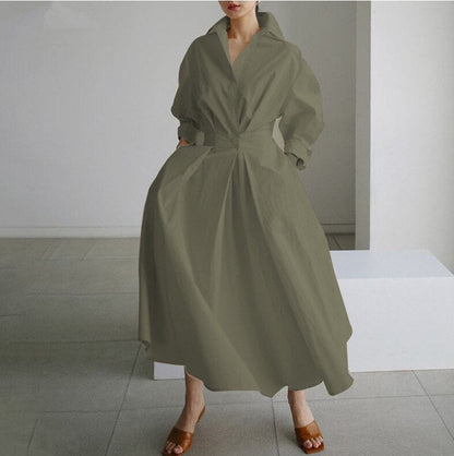 Elegant Women Spring Autumn Sundress Fashion Lapel Neck Long Sleeve Solid Long Shirt Dress OL Vestidos Robe Femme 5XL Long Dress