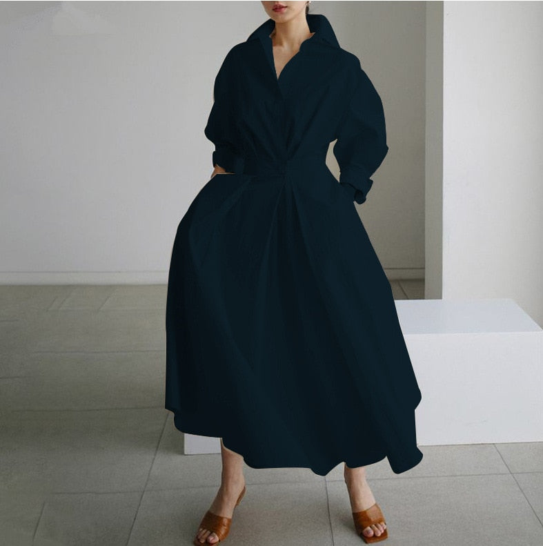 Elegant Women Spring Autumn Sundress Fashion Lapel Neck Long Sleeve Solid Long Shirt Dress OL Vestidos Robe Femme 5XL Long Dress