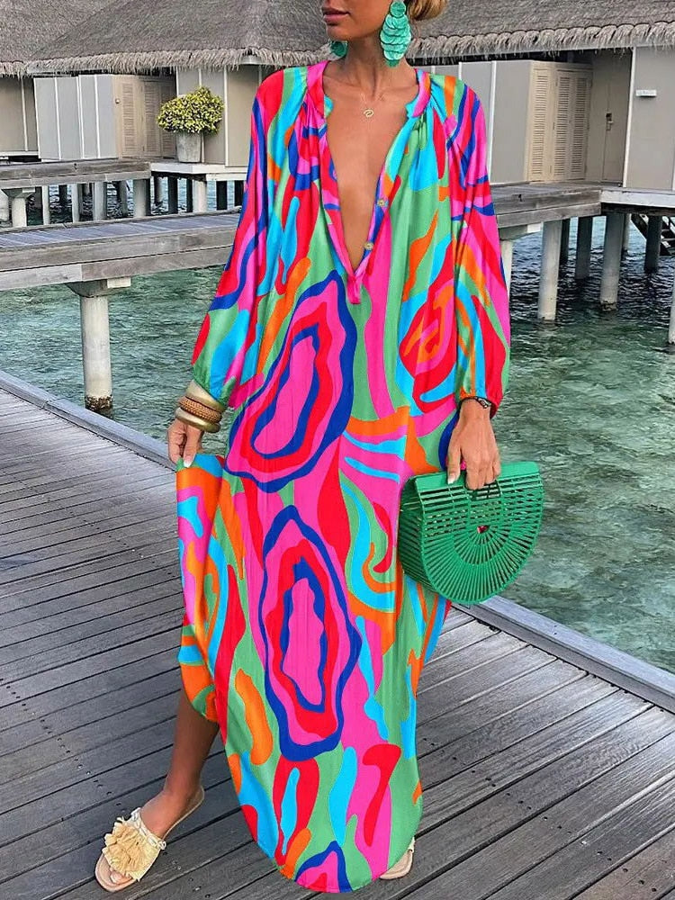 V-neck Casual Loose Floral Print Long Sleeve Maxi Dress