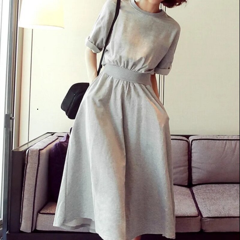 Round neck high waist Korean style dress