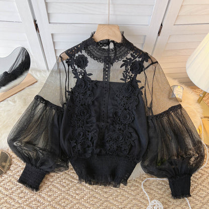 Sixsr spring Women Mesh Tops Fashion Sexy Sheer Lace Blouse Lantern Sleeve 3D Floral Blouses Shirts Elegant Top Blusas Femininas