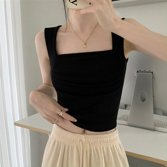 Solid Tank Top for Women Summer  New Korean Fashion Sleeveless Square Collar Slim Crop Top Chic Casual Y2k Tanks
