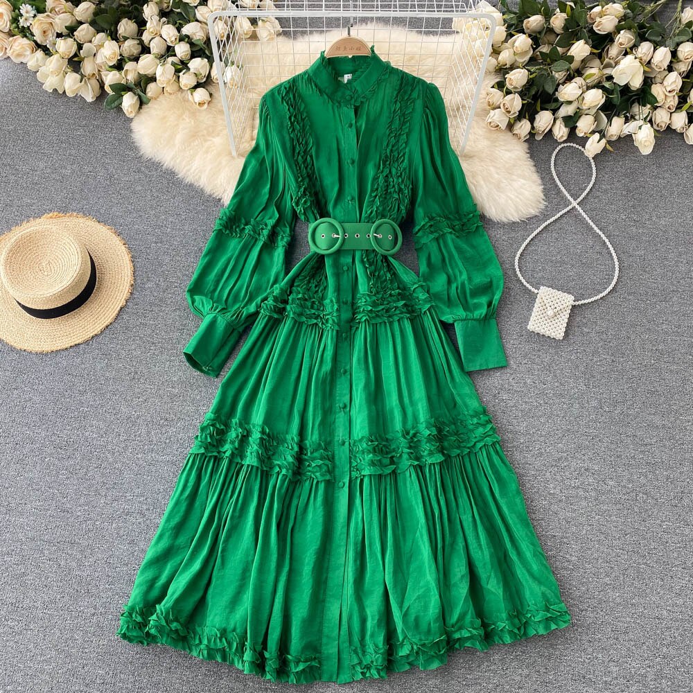 Summer Sexy Party Dress Women Single Breasted Long Sleeve Layer Ruffle Flower Embroidery Lace Tulle Maxi Dress Robe