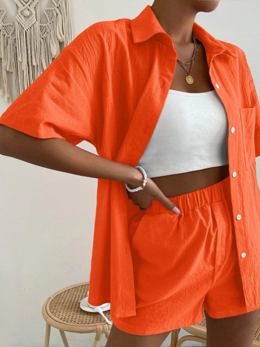 Long Sleeve Single-breasted Top + Broad-legged Shorts Set Fashion Ladies Sexy Solid Suits Summer 2 Piece Outfits For Women