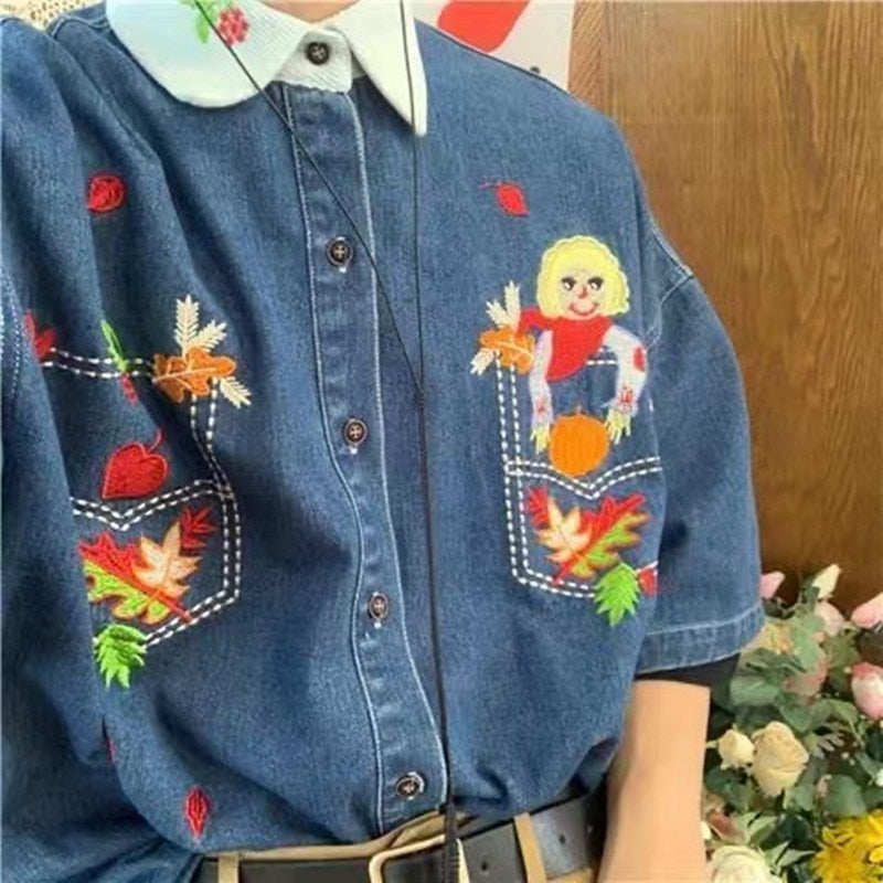 2024 Men's Cartoon Embroidered Denim Short Sleeved Shirts Fashion Trend Brand Lapel Collar Denim Coats Blue Color Shirts M-XL