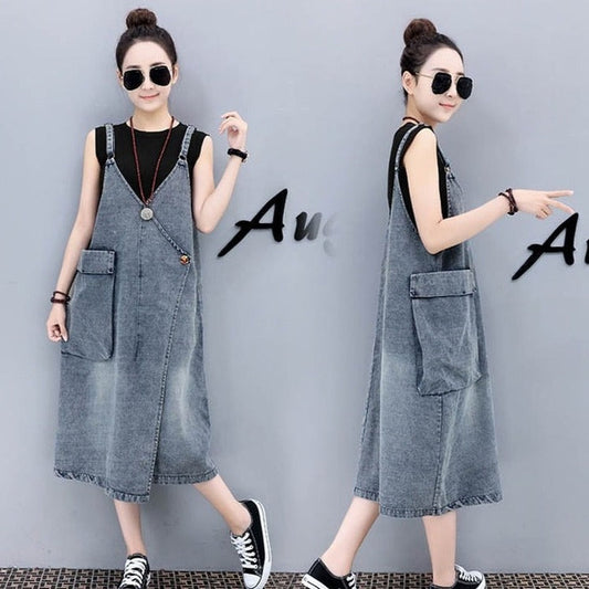 Summer Adjustable Strap Denim Dress Sundress Women Sleeveless  Long  Bandage Dresses for Womens Korean Street Robe Femme