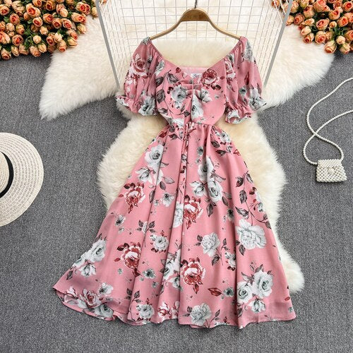 Sixsr  Summer Outfits Ladies French Retro V-neck Floral Women Dress Elegant Draped Flowers Short Puff Sleeves Slim Fairy Mid-calf A-line Dress