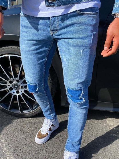 Casual Men Jeans Spring New Fashion Ripped Patchwork Skinny Denim Trouser For Mens 2024 Harajuku Slim Fit Pencil Pant Streetwear