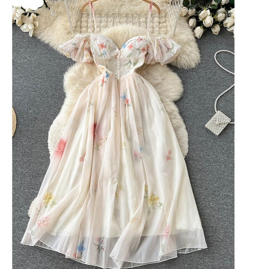 Elegant Dress for Women Floral Print Off Shoulder Strapless Short Puff Sleeve Fashion High Waisted Sexy Camis Dresses