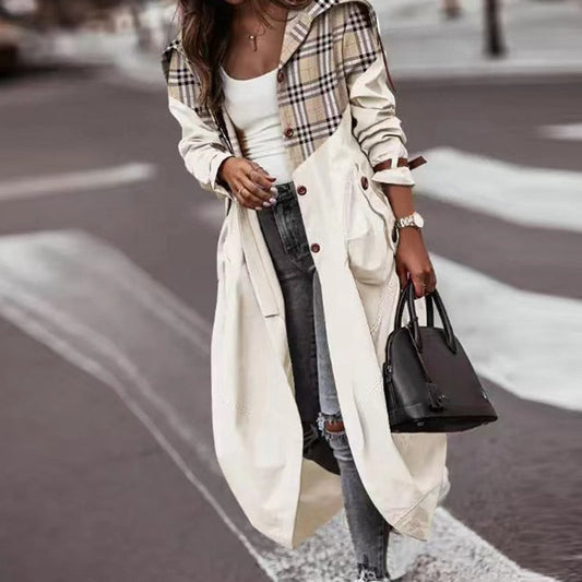 Women's Khaki Striped Plaid Contrast Long Trench Coat