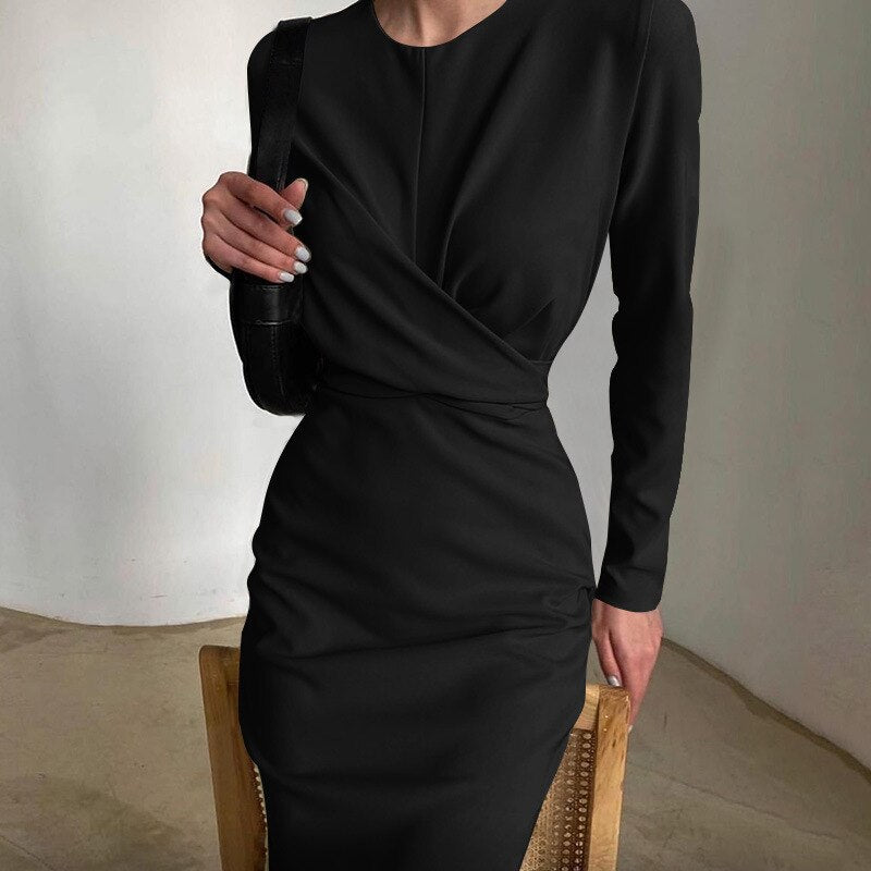 Autumn Elegant Women's French Dress Fashion Long Sleeves Casual Solid Color Dresses New High Waist Office Ladeis Party Vestidos