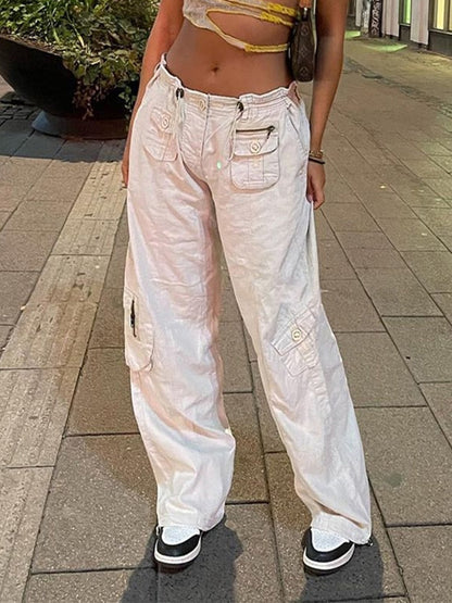 Sixsr  Women Spring Fashion Multi Pockets White Cargo Pants Women Adjustable Low Waist Baggy Wide Leg Jeans Oversized Casual Trousers Retro Bottoms Iamhotty