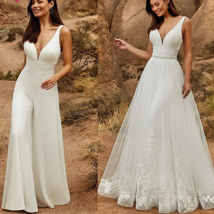 2 In 1 Wedding Jumpsuit With Detachable Skirt Two Pieces Bridal Dresses Pants Suit For Women Lace Tulle V-Neck Sweep Train Gowns