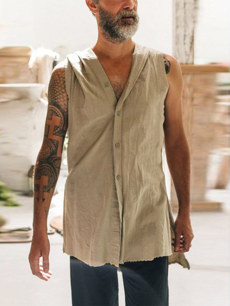 2024 Spring Summer Sleeveless Casual Vest Shirt Men Fashion Hoodie Tank Top Vintage Solid Buttoned Vest Pullover Mens Streetwear