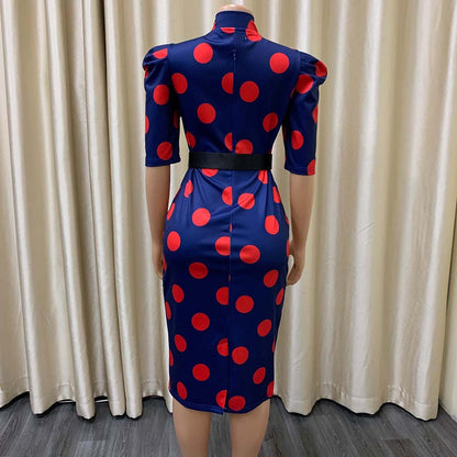 Elegant Office Dresses for Ladies  Business Dot Printed High Waisted Short Sleeve Mid Calf Fashion Work Wear Cloth Dress OL