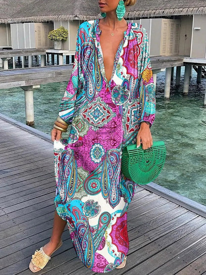 V-neck Casual Loose Floral Print Long Sleeve Maxi Dress