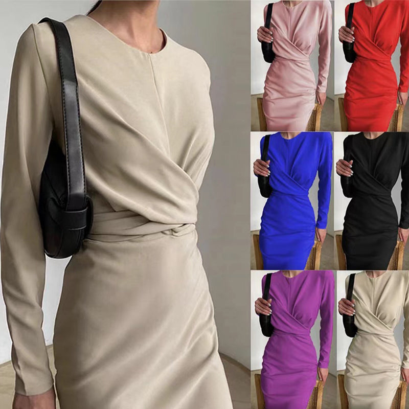 Autumn Elegant Women's French Dress Fashion Long Sleeves Casual Solid Color Dresses New High Waist Office Ladeis Party Vestidos