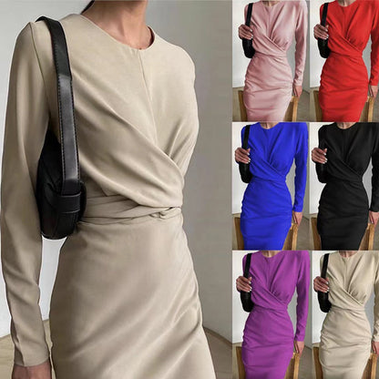 Autumn Elegant Women's French Dress Fashion Long Sleeves Casual Solid Color Dresses New High Waist Office Ladeis Party Vestidos