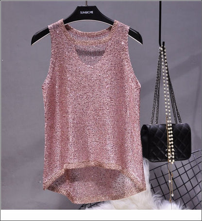 Summer New Sexy Hollow Sequined Knit Camisole Top Sleeveless Hollow Out Top Shirt Women's Loose Casual Crop Top Tops