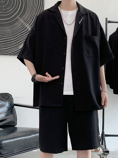 Men's Khaki Shirt Suit Elegant Vintage Short-sleeved Shirt Grunge Mature Patch Design Shorts Korean Fashion Two Piece Set Summer