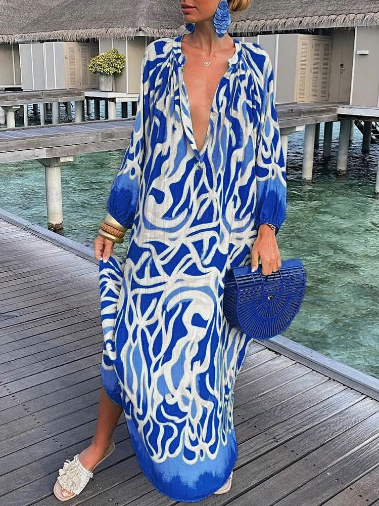 V-neck Casual Loose Floral Print Long Sleeve Maxi Dress