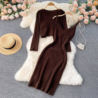 sixsr  Women Elegant Slim Two Piece Sets Female Sweater Dress Autumn Winter High Waist Knitted Ensemble Femme Medium Long Party Dresses