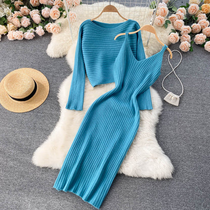 sixsr  Women Elegant Slim Two Piece Sets Female Sweater Dress Autumn Winter High Waist Knitted Ensemble Femme Medium Long Party Dresses