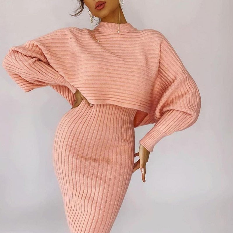 sixsr  Women Elegant Slim Two Piece Sets Female Sweater Dress Autumn Winter High Waist Knitted Ensemble Femme Medium Long Party Dresses