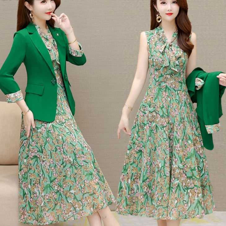 sixsr  Spring Autumn New Suit Jacket Dress Two-piece Women's Elegant Blazers Floral Long Skirt Set Female Office Professional Wear