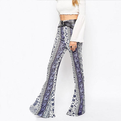 Spring Autumn Bell Bottom Pants Women Streetwear Flare Pants Beach Trousers Ladies Fashion Elastic Print Slim Pants