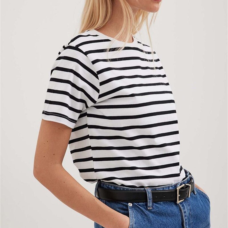 Ladies Loose Cotton Summer Short Sleeve O Neck Striped Basic T-Shirts Women T Shirt Casual Cozy Tee Tops Harajuku Shirt Female