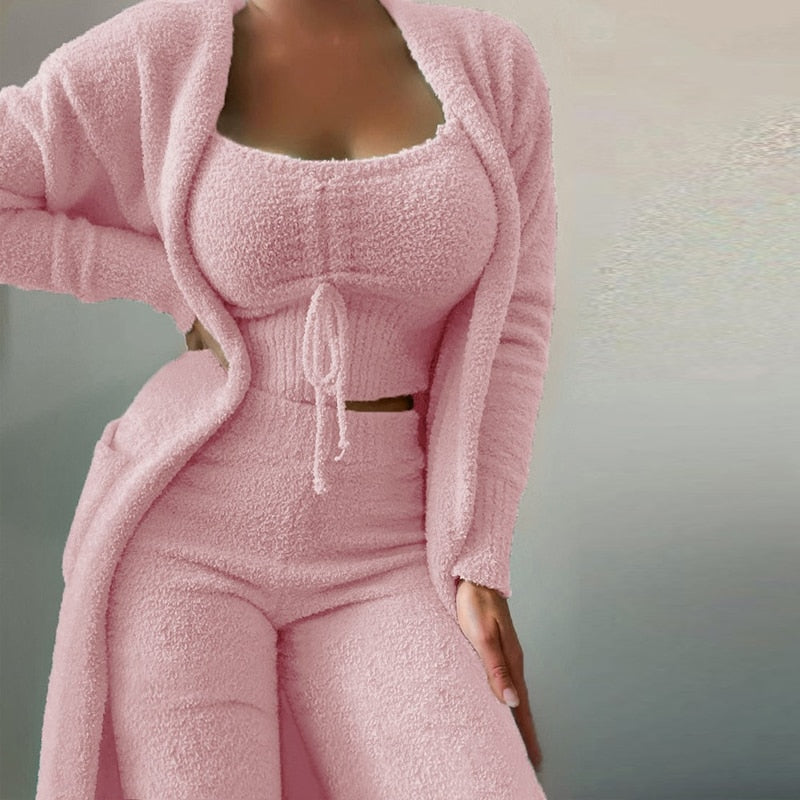 Women Elegant Fleece Soft 3 Piece Suit Fashion Square Collar Drawstring Tops+Long Cardigan Outfits Casual Pajamas Solid Set