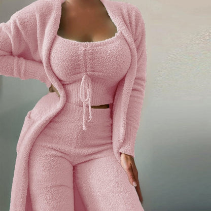 Women Elegant Fleece Soft 3 Piece Suit Fashion Square Collar Drawstring Tops+Long Cardigan Outfits Casual Pajamas Solid Set