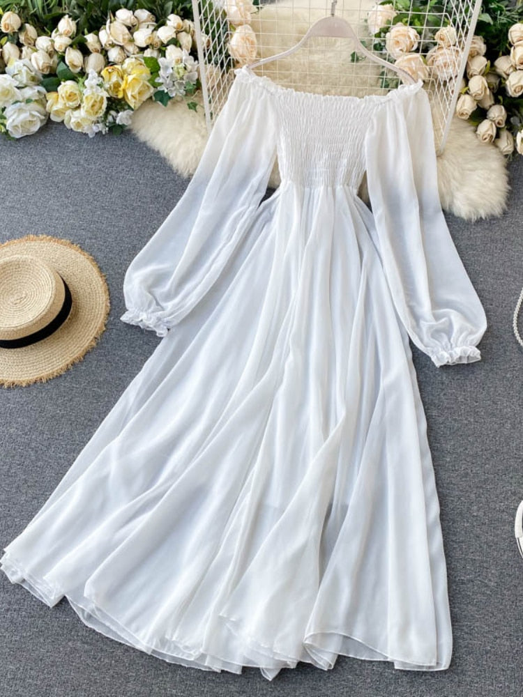 Womens Fashion New Spring Autumn Women Elegant Holiday Dresses Puff Sleeve Slash Neck Off Shoulder Smocked White Chiffon Dresses