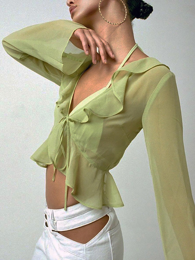 sixsr Summer Outfits Vintage 90s Streetwear Ruffles Trim Green Chiffon T-shirts Y2K Fashion Sexy Deep V Lace Up Long Sleeve Tops Transparent