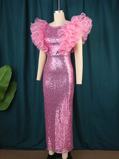 Women Pink Sequin Dress Puff Ruffle Sleeve Bodycon Sparkly Dress Elegant Party Club Birthday Wedding Night Robe Big Size 3XL 4XL