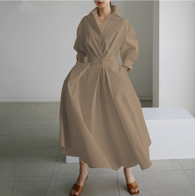 Elegant Women Spring Autumn Sundress Fashion Lapel Neck Long Sleeve Solid Long Shirt Dress OL Vestidos Robe Femme 5XL Long Dress