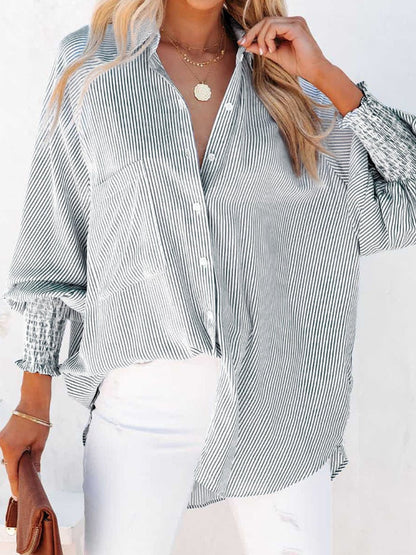Spring Fall Lantern Sleeve Striped Shirt Blouse Women Lapel Buttons Loose Shawl Cover-Ups Elegant Beach Bikini Cover Up