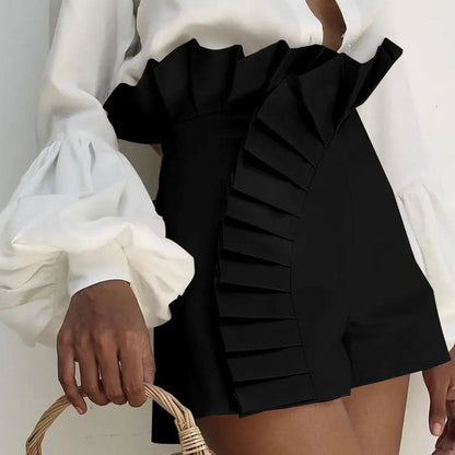 Women's Bottom Ruffle Hem Shorts Pleated High Waist Solid  New Fashion Pant Elegant Summer Casual Female Clothing Outfits