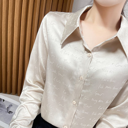 Spring And Summer New High-Eend Silk Letter Jacquard Shirt Women's Fashion Light Luxury Cardigan Top. Acetate Satin Finish