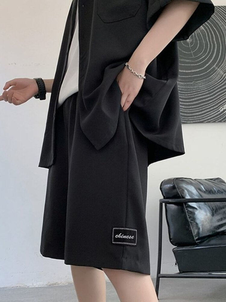 Men's Khaki Shirt Suit Elegant Vintage Short-sleeved Shirt Grunge Mature Patch Design Shorts Korean Fashion Two Piece Set Summer