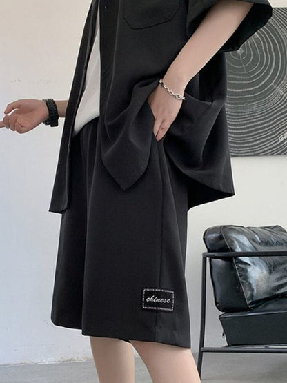 Men's Khaki Shirt Suit Elegant Vintage Short-sleeved Shirt Grunge Mature Patch Design Shorts Korean Fashion Two Piece Set Summer