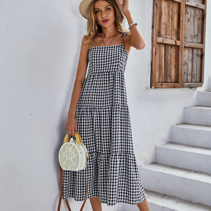 Ladies Vintage Boho Plaid Summer Dress Women Sexy Backless Casual Ruffles Party Beach Sundress Women Dress Robe Vestidos Female