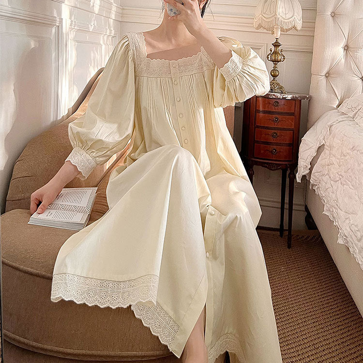 Women Sleepwear French Style Cotton Princess Dress Vintage Ladies Long Sleeves Nightgowns Square Neck Pleated Nightdress